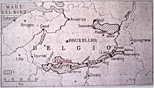 Carta delle miniere di carbone in Belgio. Fonte: F. Milone, Il carbone e l’emigrazione italiana in Belgio, in «Bollettino della Società Geografica Italiana», 8, 1949, 105